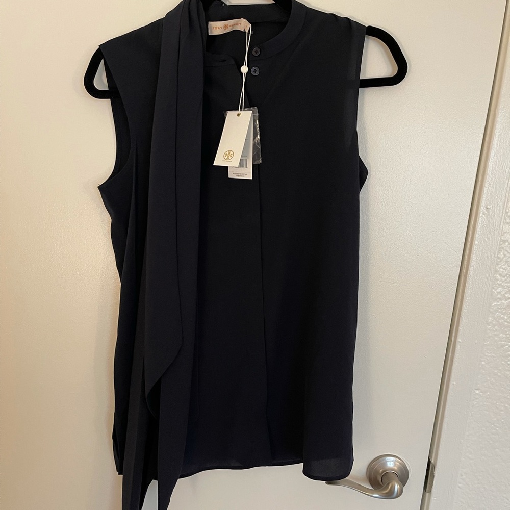 Tory Burch Sleeveless Bow Blouse Navy Blue